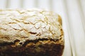 Homemade bread ÃÂooling down on metal rack, cracked texture of bread crust in flour Royalty Free Stock Photo